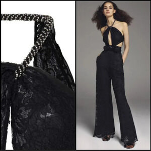 NEW Dundas Jumpsuit Black Halter Cutouts Embellished Open Back Lace Wide Pants
